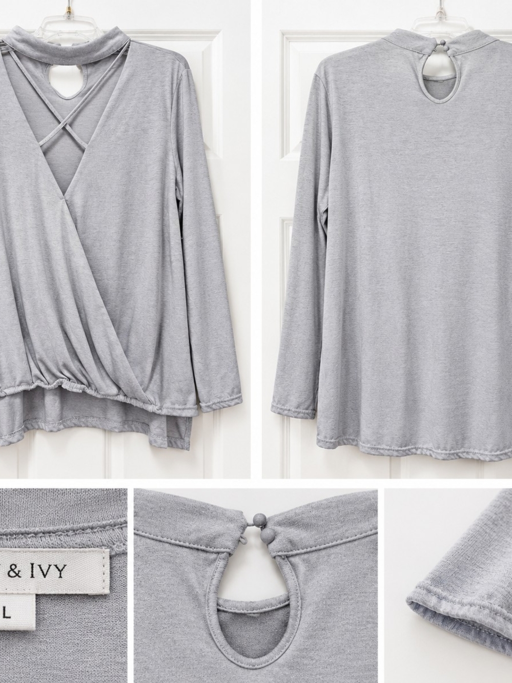 Gray Long-Sleeve Wrap Front Top with Keyhole Back